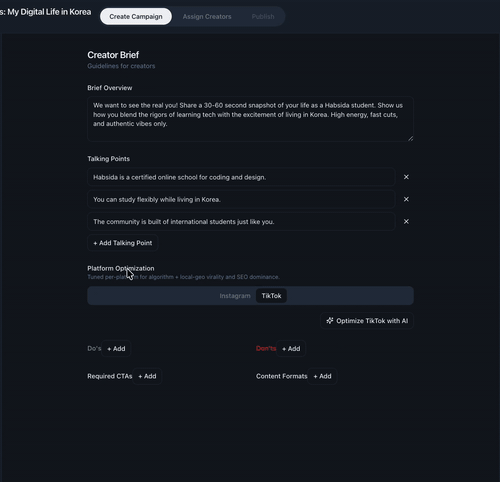 Smart Creator Briefs walkthrough animation showing platform-specific generation